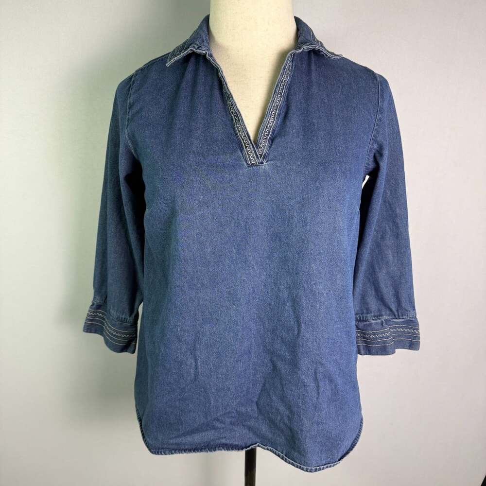 Baby & Me Maternity Blue Denim Tunic Top Sz M Split V-Neck Side Zip Embroidered